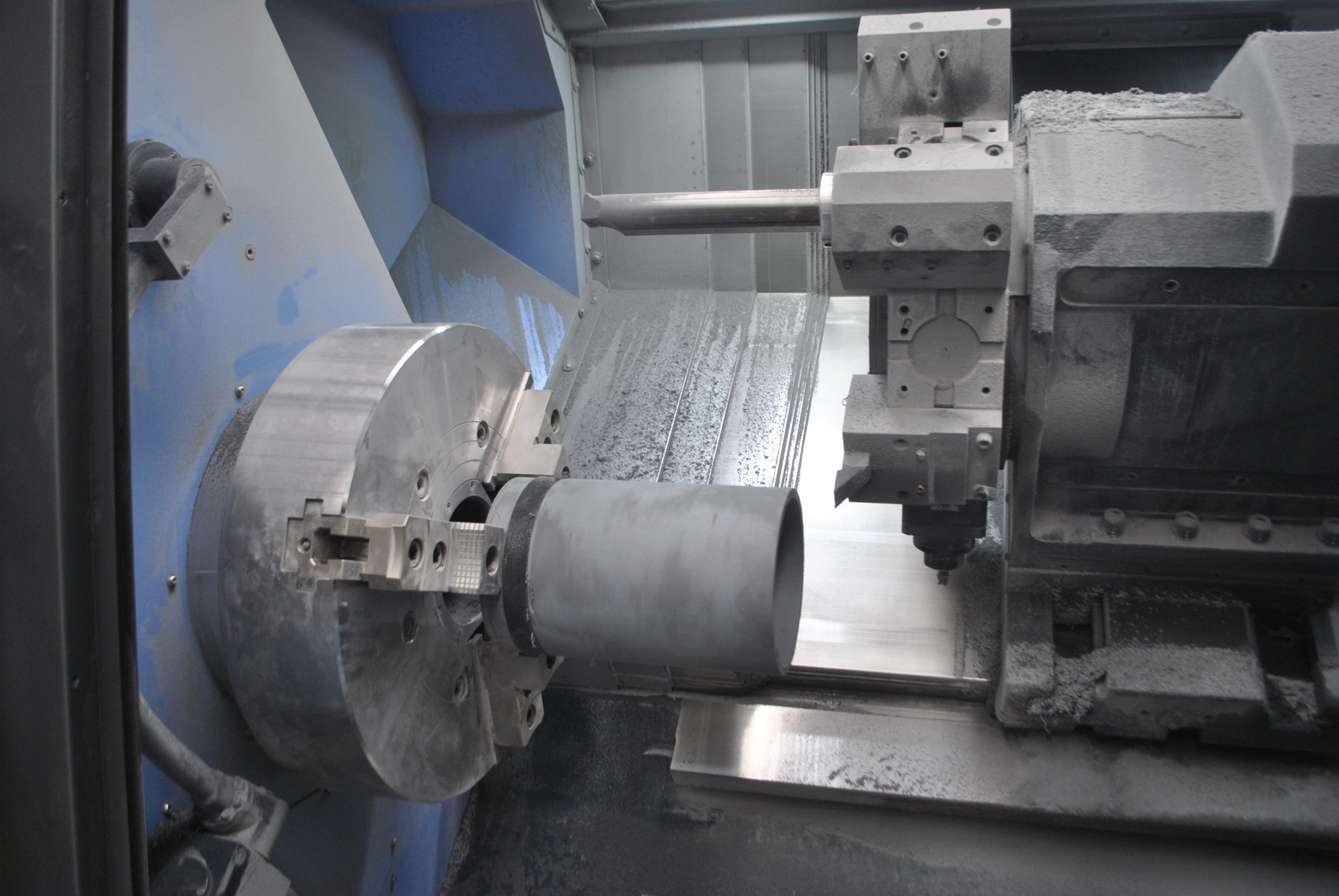 Close up of the interior of a Puma 700LM II large-capacity, multi-tasking lathe at Tufcot Engineering